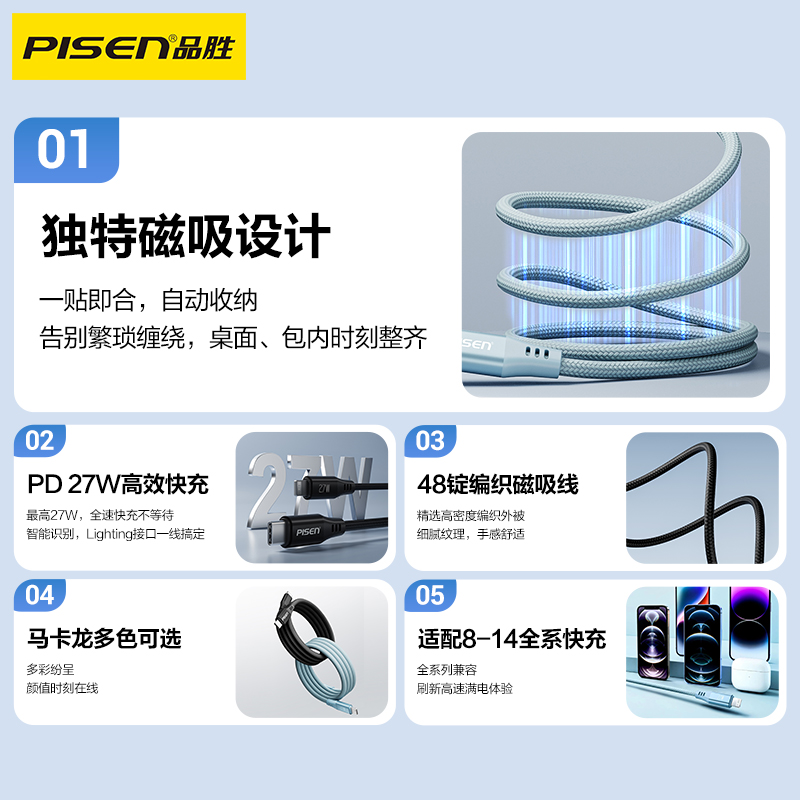 PISEN-PRO-C-to-L-27W磁吸编织快充数据线1m-CC-FC12-1000